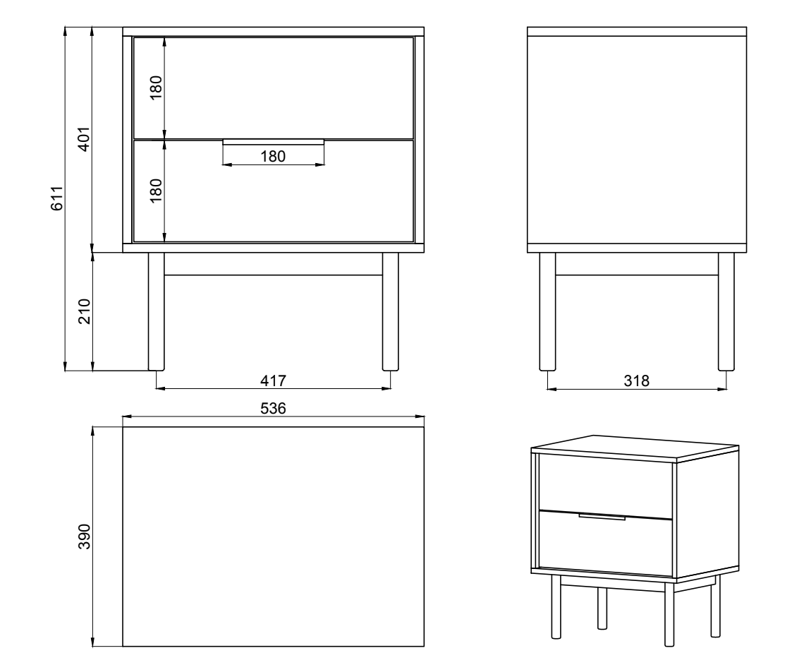 KIARO Naktsskapītis ar divām atvilktnēm, 54 cm, balts - N1 Home