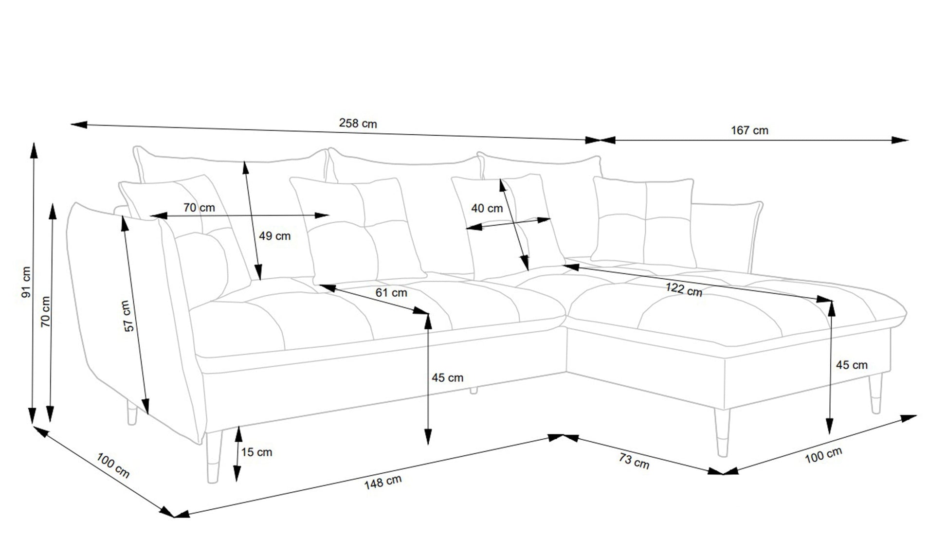 Dīvāns Bazlam 91/258/167 cm Matt Velvet 09 - N1 Home