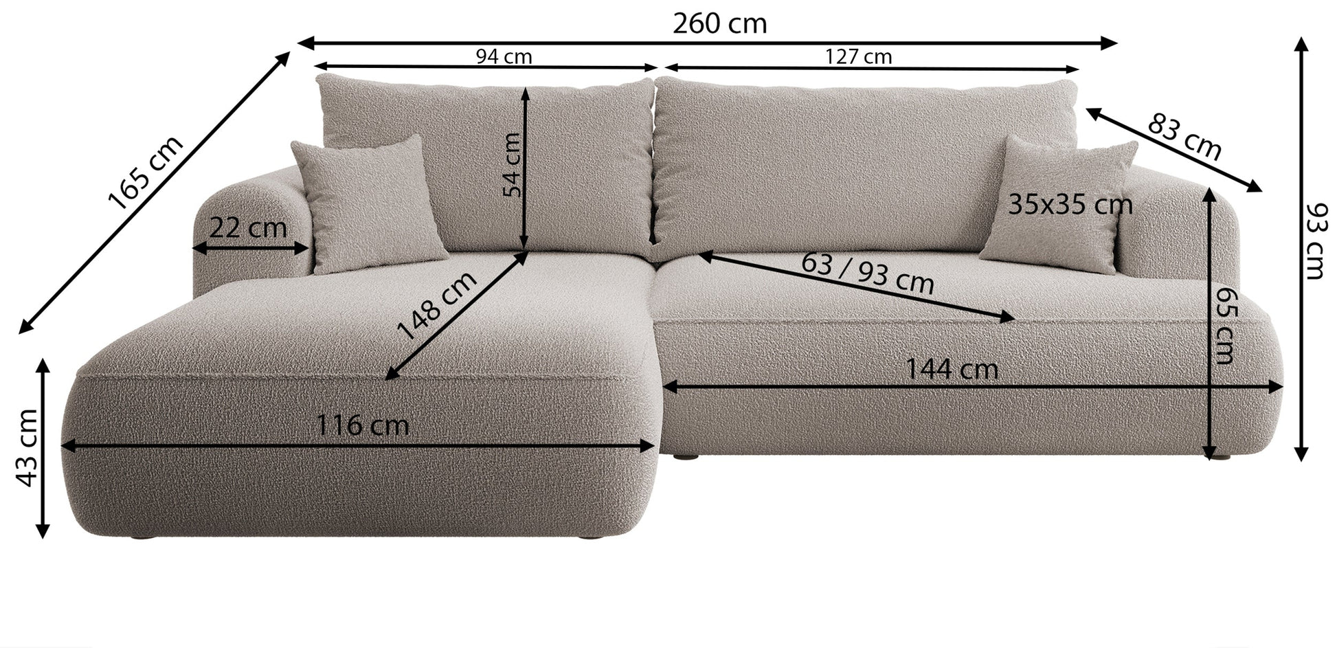 Dīvāns Ovors 260/93/165 cm Abriamo 8 - N1 Home
