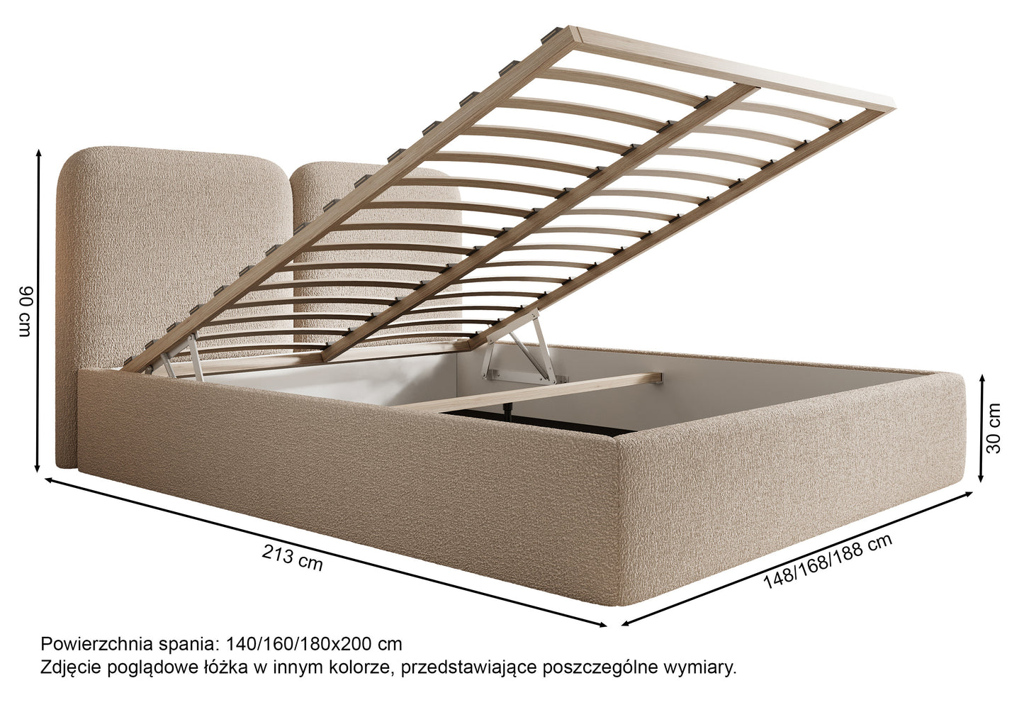 TINSOLO Mīkstā gulta 140/160/180x200 cm ar glabāšanas kasti, krēma krāsā - N1 Home