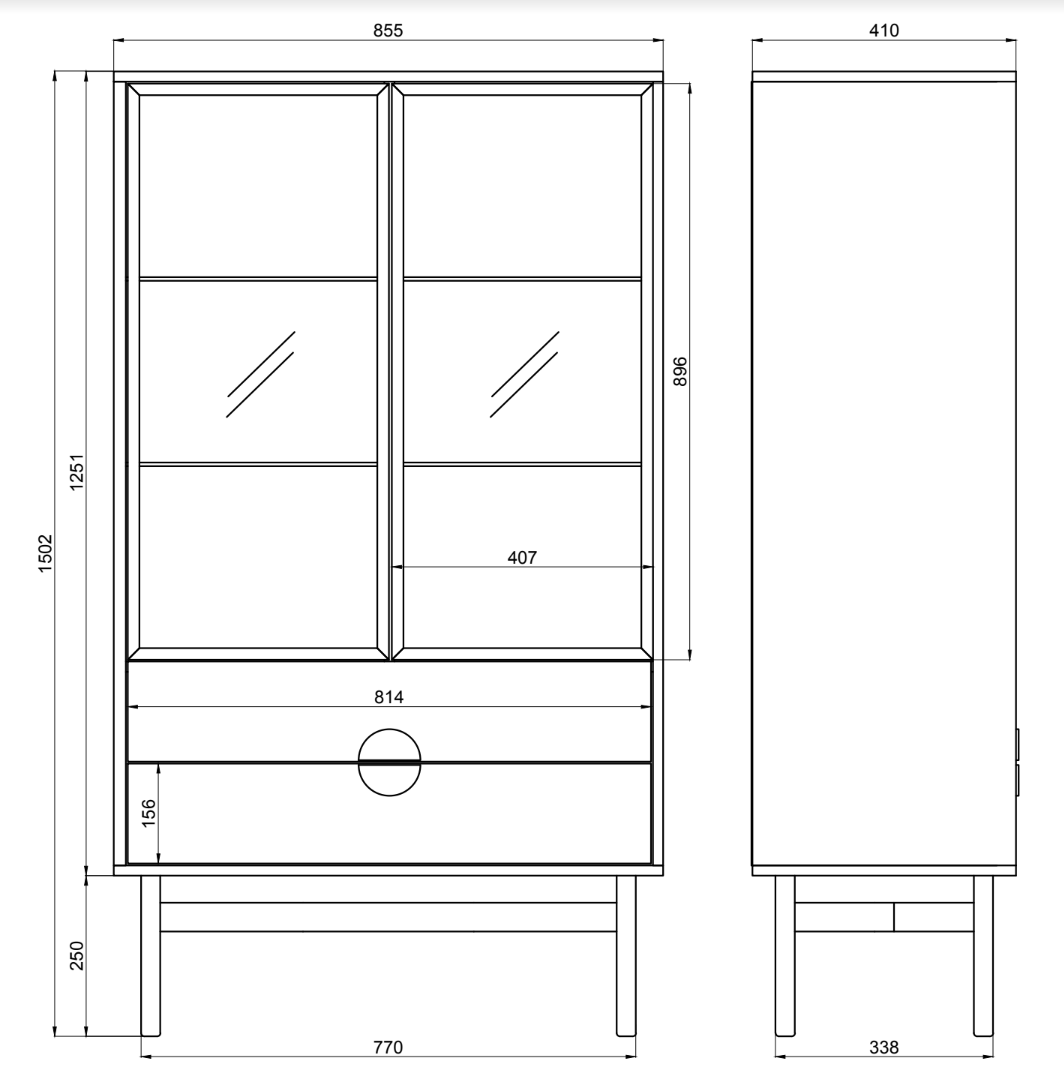 LOON 85 cm zema vitrīna ar trim plauktiem un divām atvilktnēm 85 cm, melna