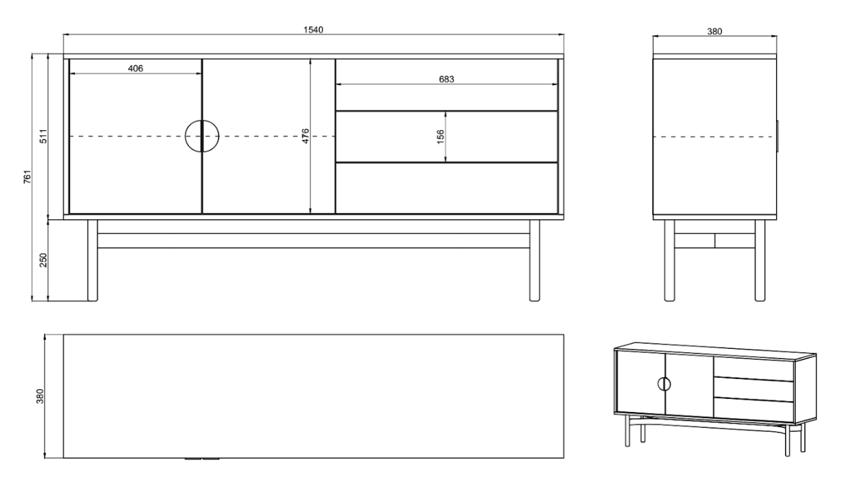 LOON Divu durvju TV skapis ar trim atvilktnēm, 154 cm, balts - N1 Home