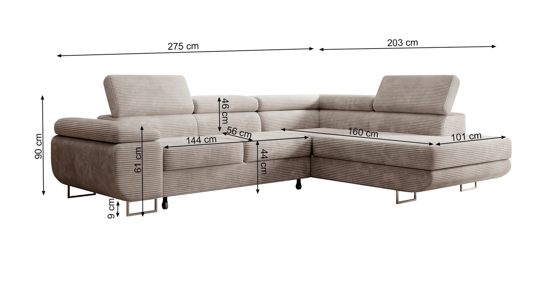 Dīvāns Steva 90/275/203 cm Poso 34 - N1 Home