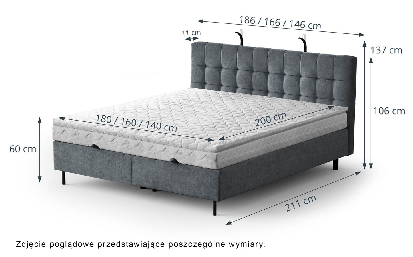 NUNA Kontinentālā gulta 140/160/180x200 cm ar glabātuvi un LED apgaismojumu, melns samts