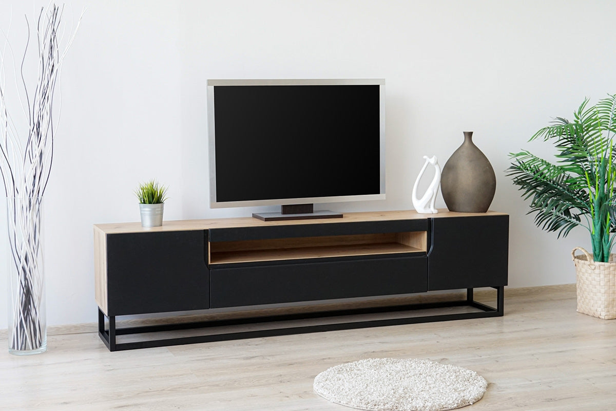 TV skapis LOFT uz metāla kājām 200/52/37 cm melns/dabīgs - N1 Home