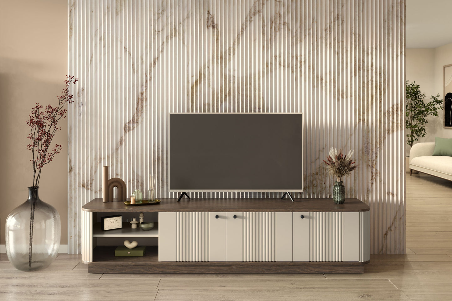 TV skapis Vespa 187/43/38 cm kašmirs/rieksts/melns - N1 Home