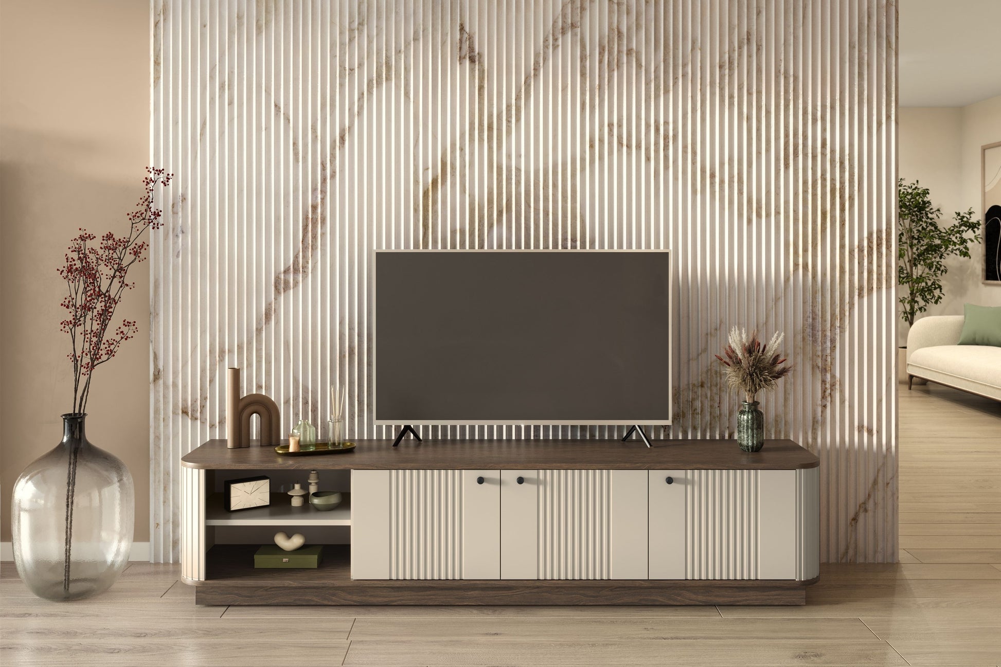 TV skapis Vespa 187/43/38 cm kašmirs/rieksts/melns - N1 Home