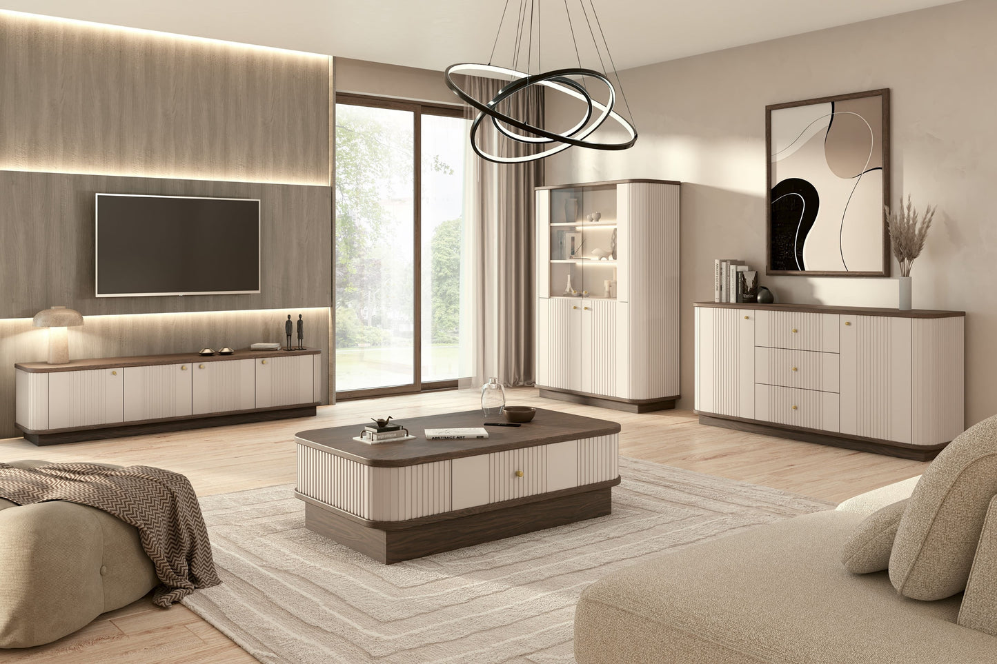 TV skapis Vespa 187/43/38 cm kašmirs/rieksts/zelts - N1 Home