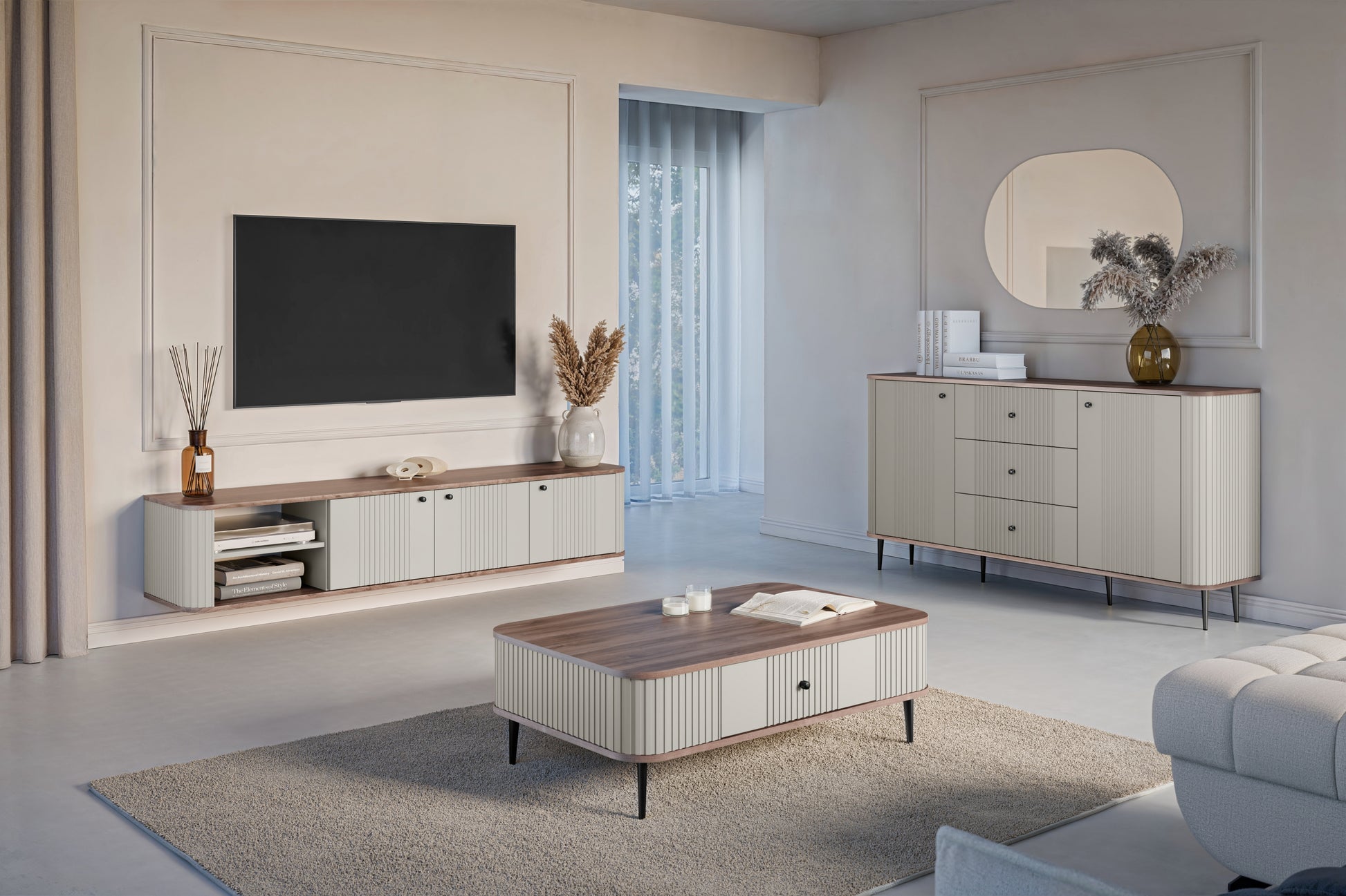 TV skapis Vespa  187/36/38 cm kašmirs/rieksts/melns - N1 Home