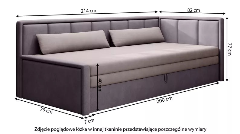 RILLI Jauniešu gulta ar pelēku/melnu audumu, glabāšanas kasti, kreisa/laba puse