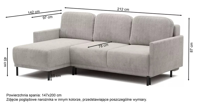 NOMIEL L-formas izvelkamais stūra dīvāns ar konteineru, universāls bēšs velvets