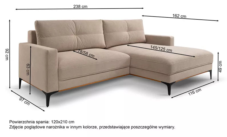 DASSINO L-formas stūra dīvāns ar gulēšanas funkciju ar glabātuvi, smilškrāsas hidrofobs šenils, kreisa/laba puse