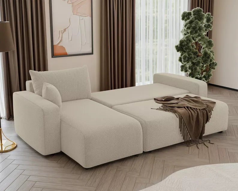 NONIPIA L-formas stūra dīvāns ar gulēšanas funkciju, ar konteineri, universāls, gaiši smilškrāsas bukle - N1 Home