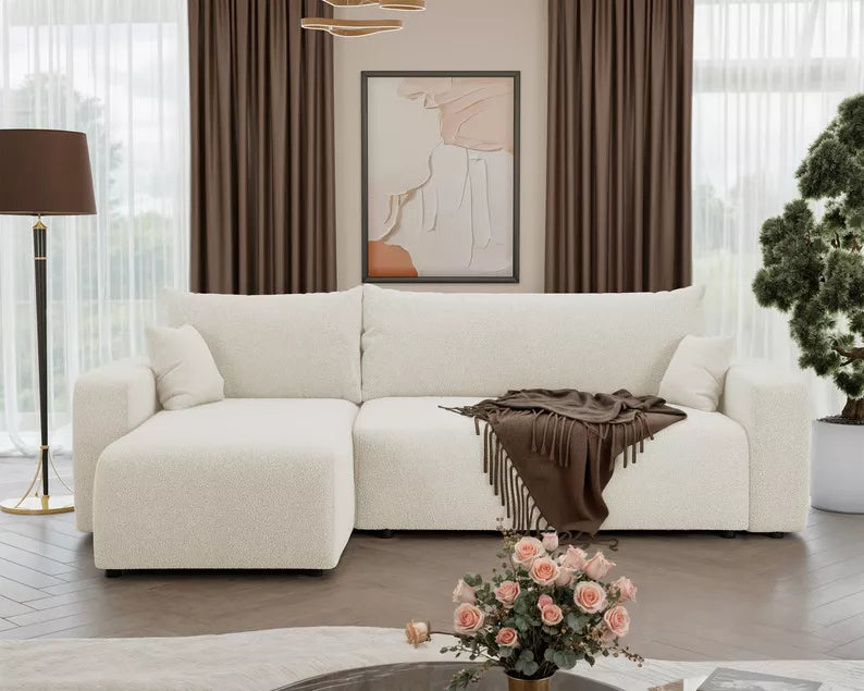 NONIPIA L-formas stūra dīvāns ar gulēšanas funkciju, ar konteineri, universāls, krēmkrāsas bukle - N1 Home