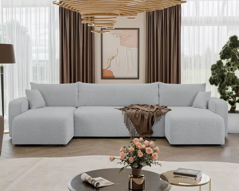 NONIPIA U-formas stūra dīvāns ar gulēšanas funkciju, ar konteineri, universāls, gaiši pelēks bukle - N1 Home