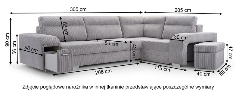 ADIL L-formas stūra dīvāns ar gulēšanas funkciju, konteineri, ar bāru un pufi, antracīts, hidrofobs samts, kreisa/laba puse - N1 Home