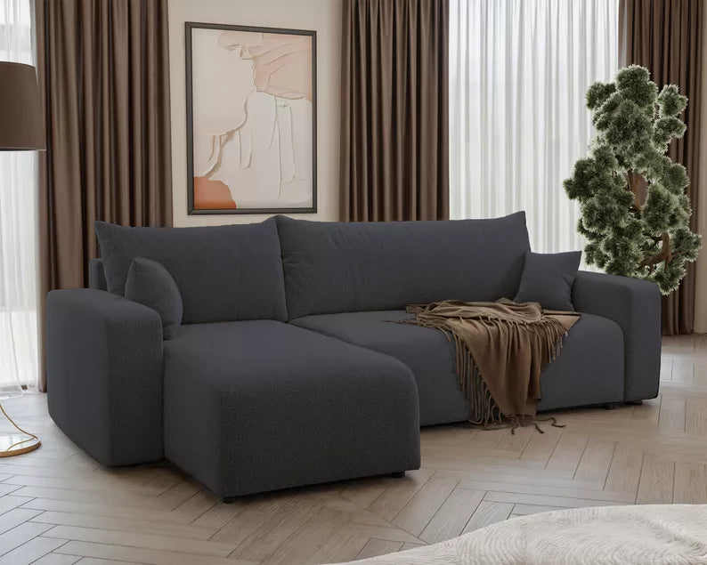 NONIPIA L-formas stūra dīvāns ar gulēšanas funkciju, ar konteineri, universāls, tumši pelēks bukle - N1 Home