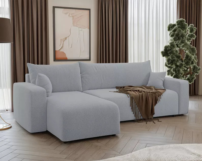 NONIPIA L-formas stūra dīvāns ar gulēšanas funkciju, ar konteineri, universāls, gaiši pelēks bukle - N1 Home