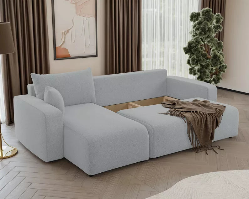 NONIPIA L-formas stūra dīvāns ar gulēšanas funkciju, ar konteineri, universāls, gaiši pelēks bukle - N1 Home