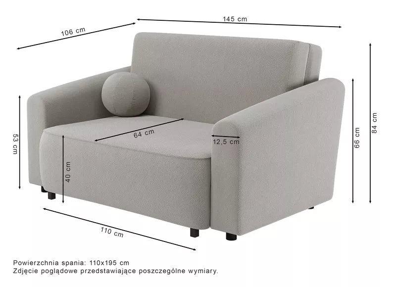 VIOSTE Divvietīgs dīvāns, 110 cm, ar glabātuvi, krēmkrāsas hidrofobs šenils