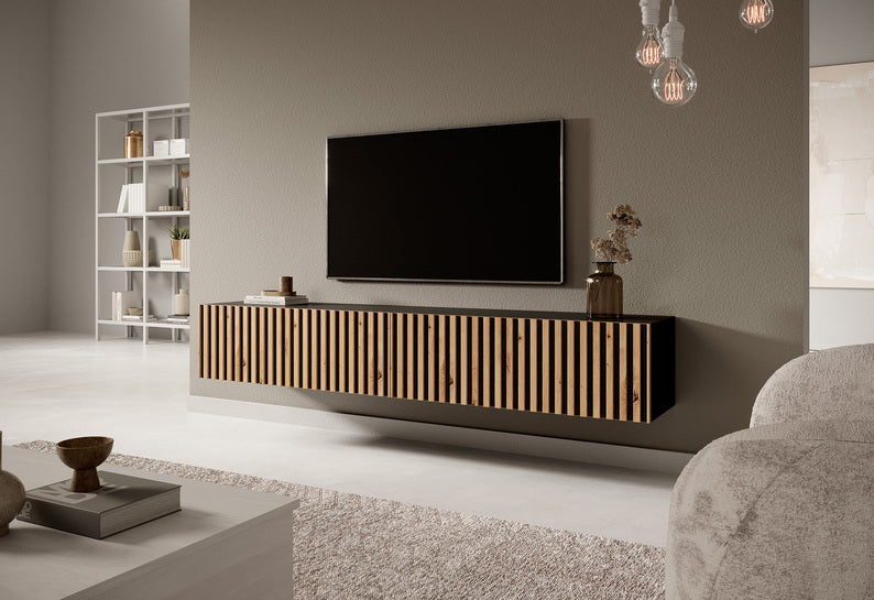 LIRETE TV skapis 138,6 cm melns/ozols ar lameles priekšpusi - N1 Home