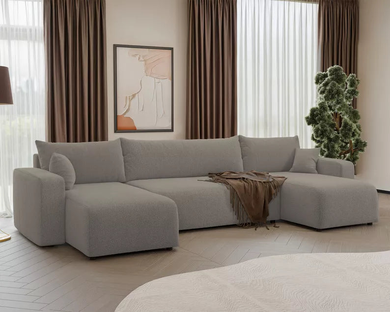 NONIPIA U-formas stūra dīvāns ar gulēšanas funkciju, ar konteineri, universāls, gaiši brūns bukle - N1 Home