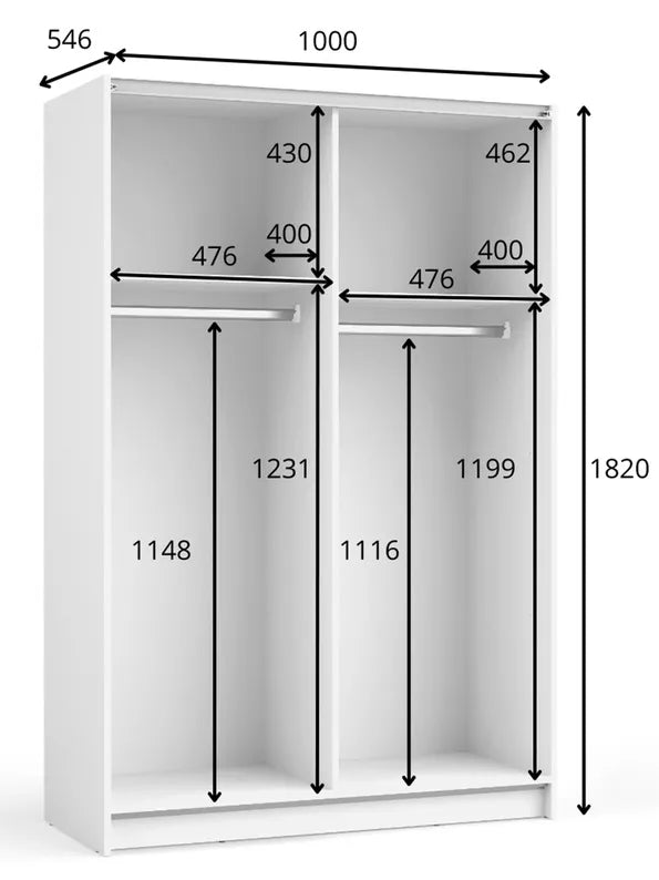 DIAFO Divdurvju bīdāmais skapis ar spoguli, 100 cm, balts