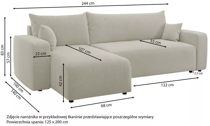 NONIPIA L-formas stūra dīvāns ar gulēšanas funkciju, ar konteineri, universāls, gaiši smilškrāsas bukle - N1 Home