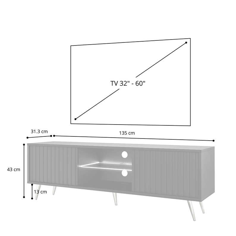 FELO TV skapis ar lameļu fasādēm, 135 cm, balts, ar zelta kājiņām - N1 Home