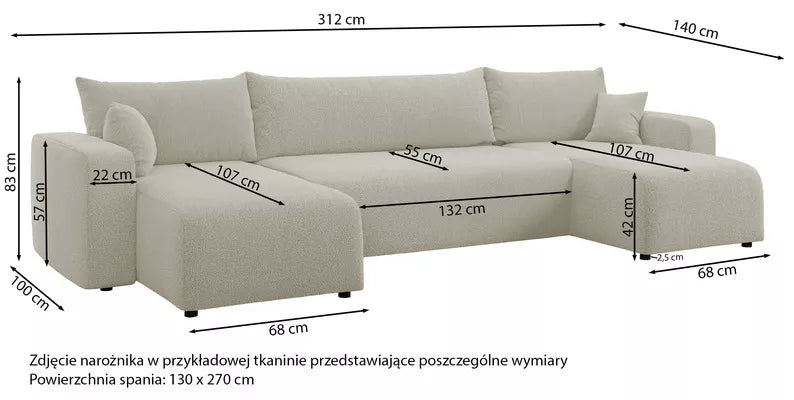 NONIPIA U-formas stūra dīvāns ar gulēšanas funkciju, ar konteineri, universāls, tumši pelēks bukle