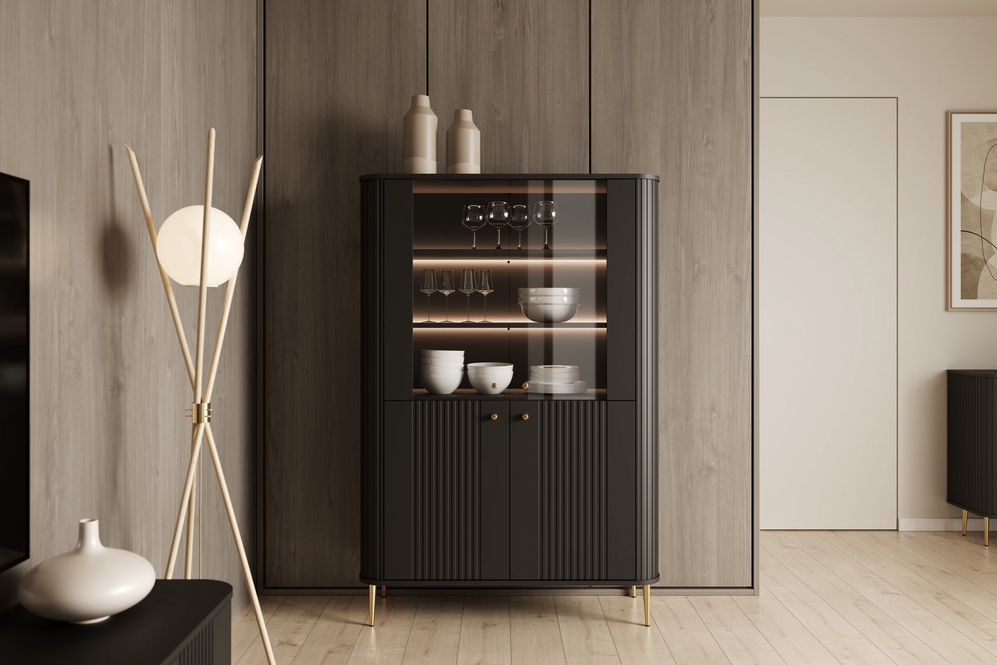 Vitrīnas skapis Vespa 103/156/38 cm melns/zelts - N1 Home