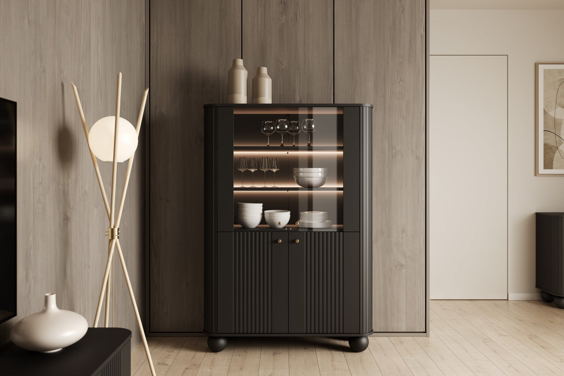 Vitrīnas skapis Vespa 103/153/38 cm melns/zelts - N1 Home