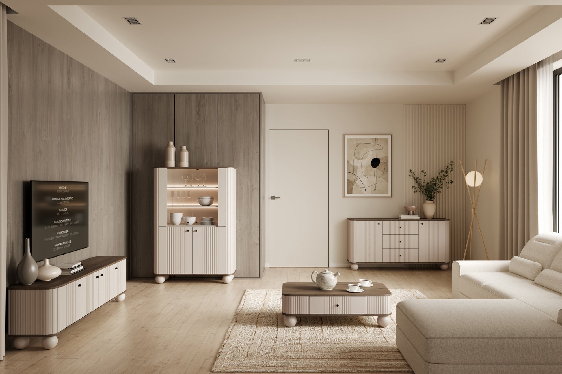 Vitrīnas skapis Vespa 103/153/38 cm kašmirs/rieksts/melns - N1 Home