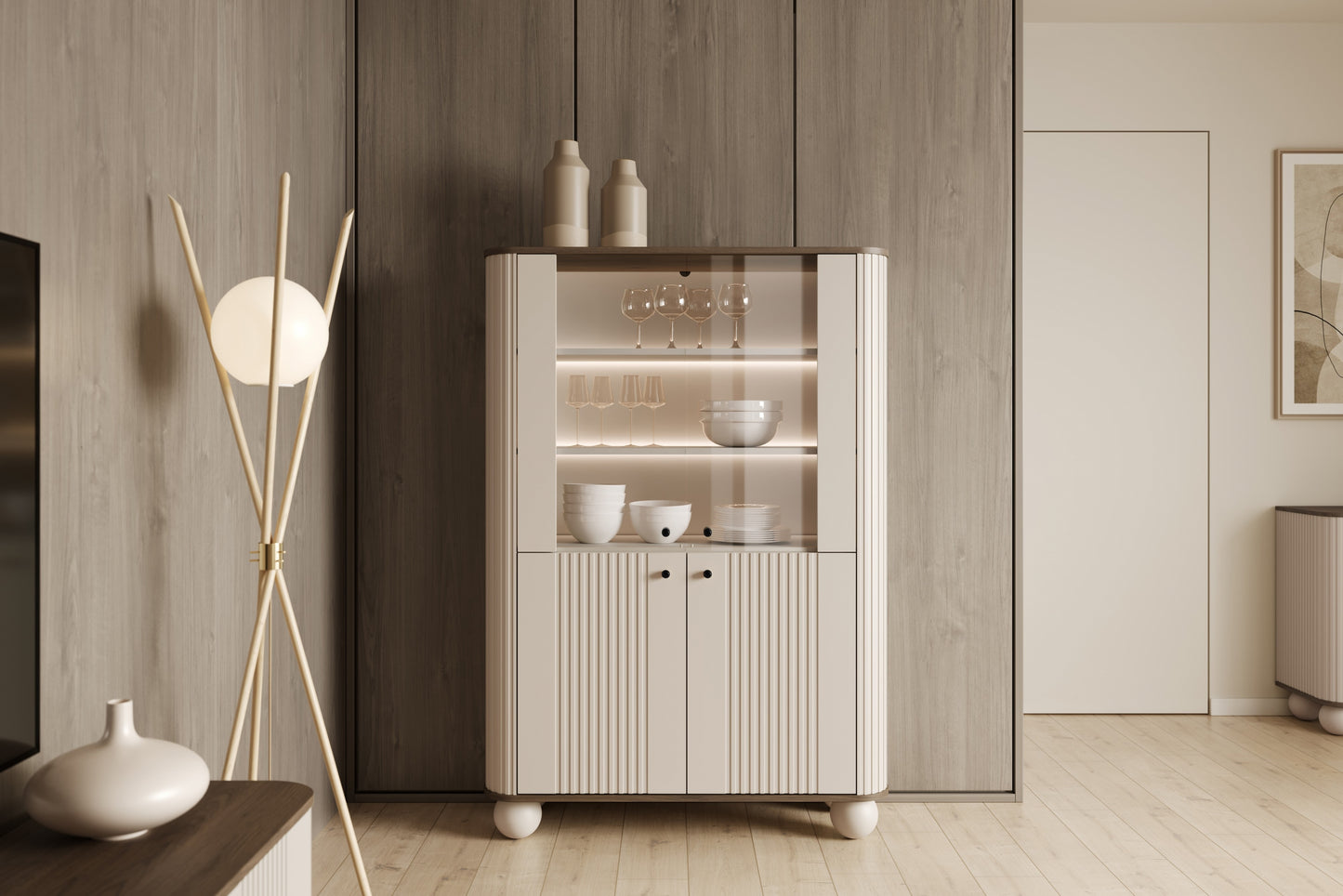 Vitrīnas skapis Vespa 103/153/38 cm kašmirs/rieksts/melns - N1 Home