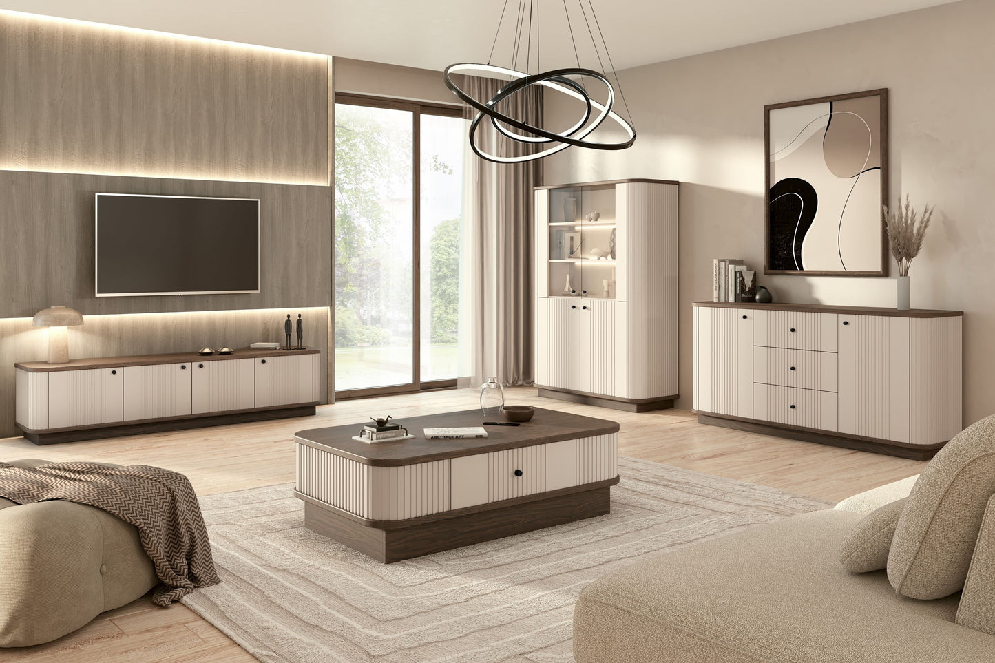 Vitrīnas skapis Vespa 103/148/38 cm kašmirs/rieksts/zelts - N1 Home