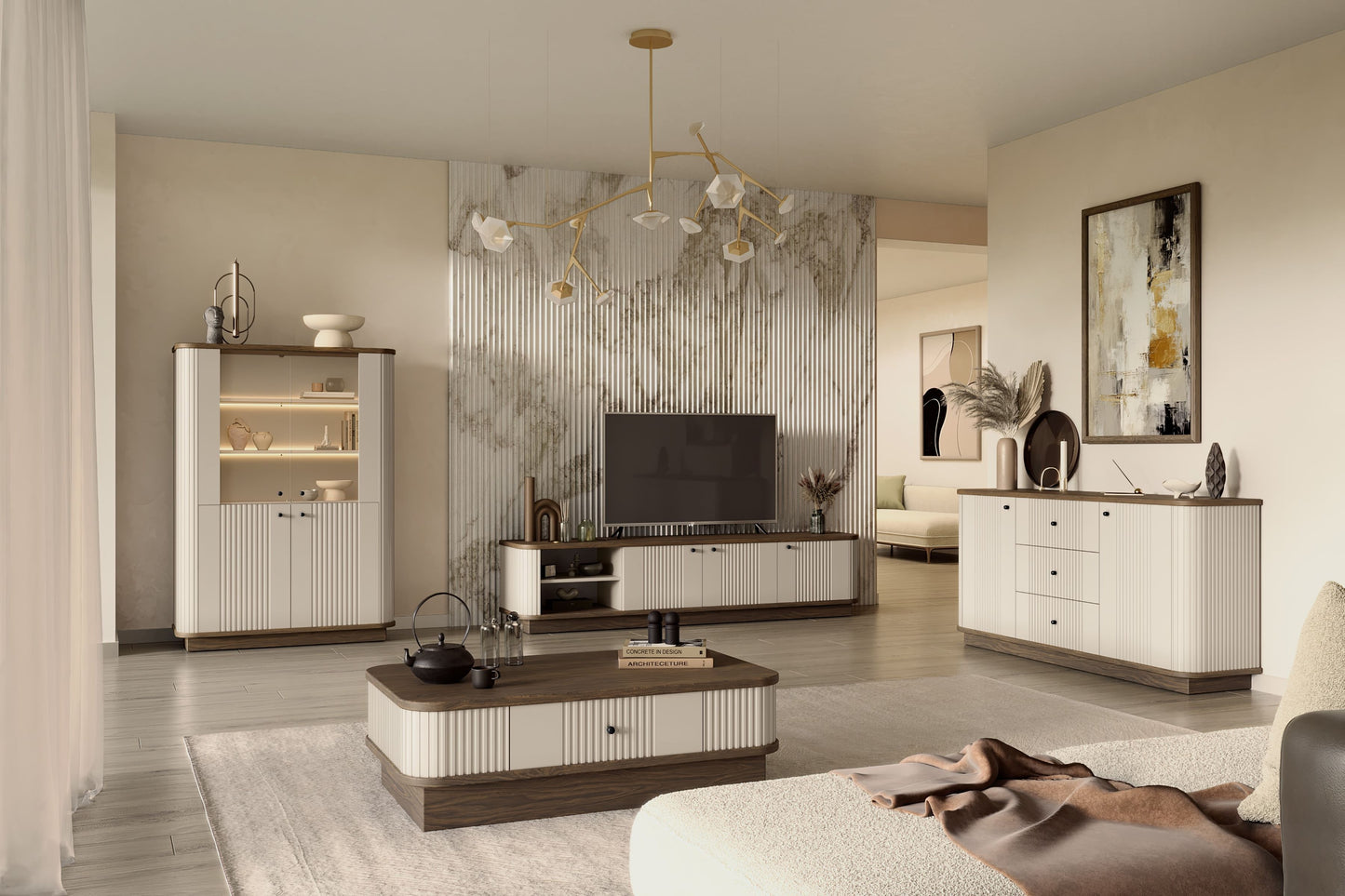 Vitrīnas skapis Vespa 103/148/38 cm kašmirs/rieksts/zelts - N1 Home