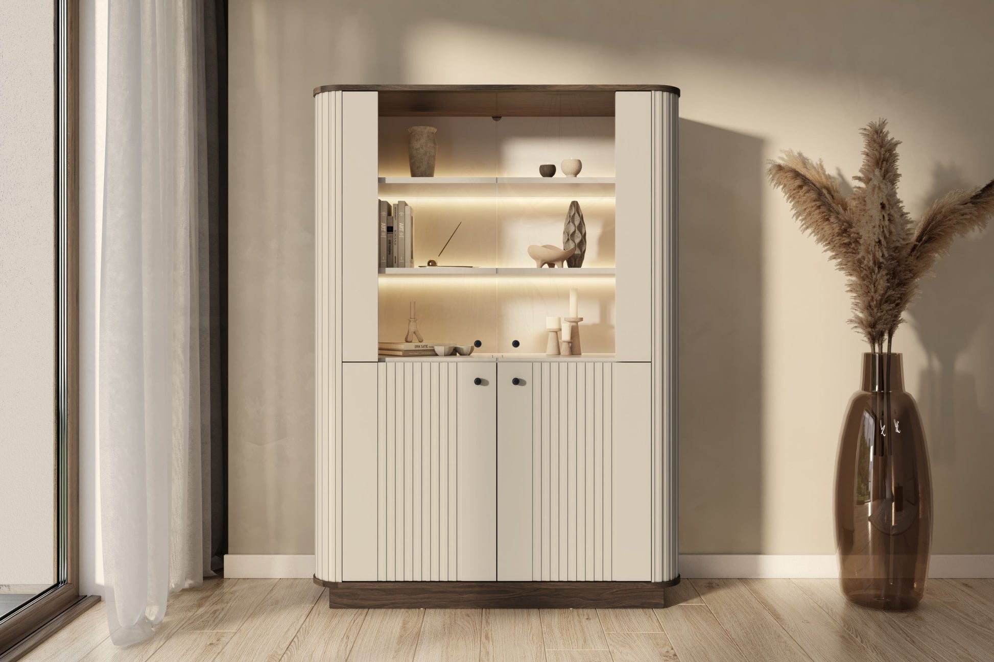 Vitrīnas skapis Vespa 103/148/38 cm kašmirs/rieksts/zelts - N1 Home