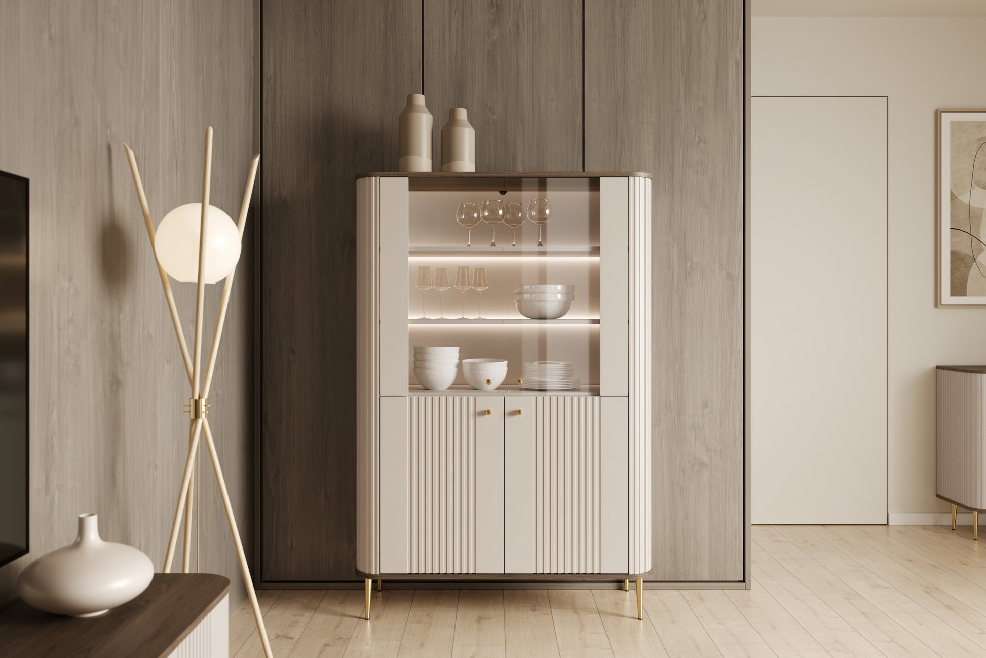 Vitrīnas skapis Vespa 103/156/38 cm kašmirs/rieksts/zelts - N1 Home