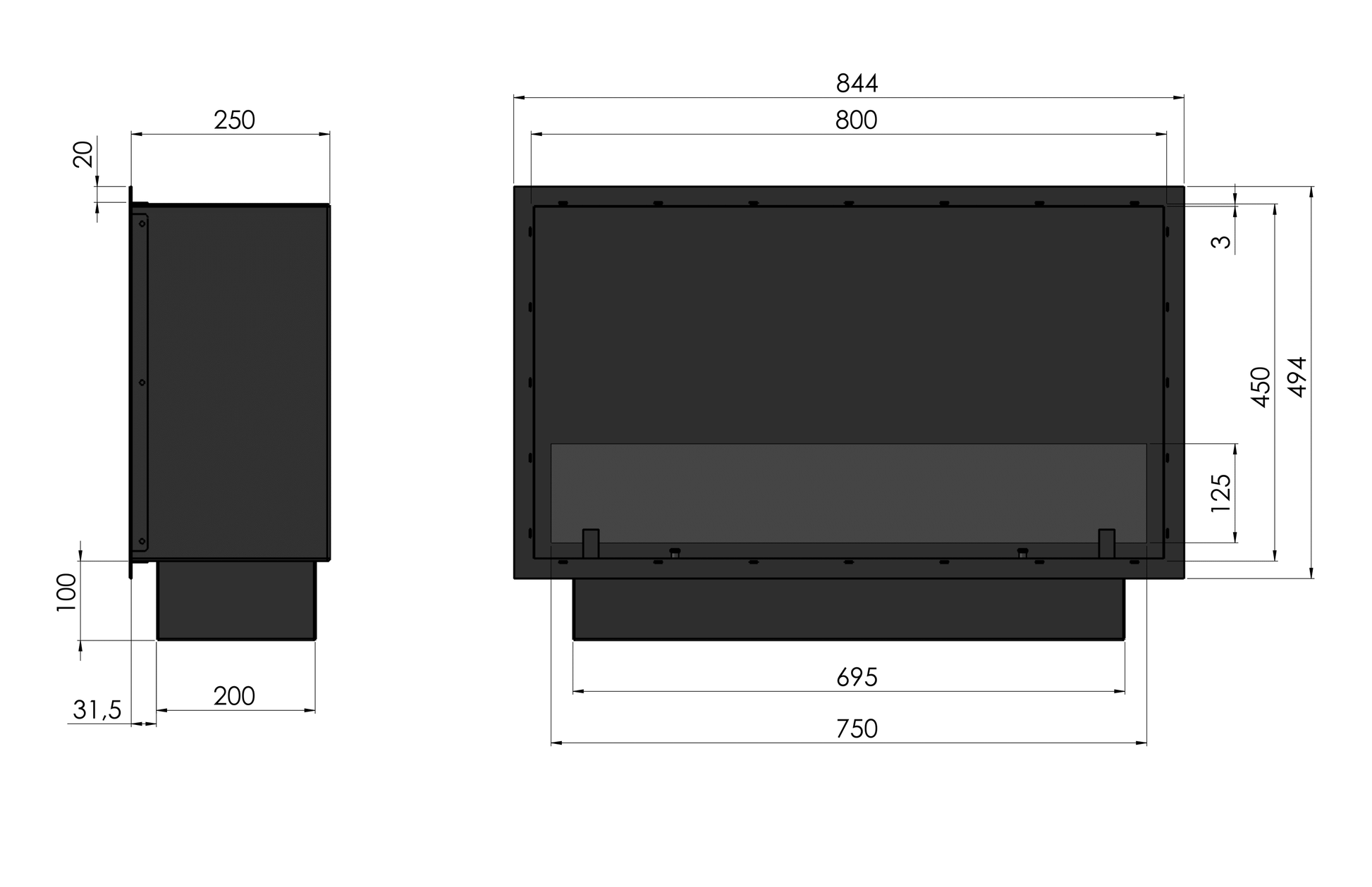 Biokamīns Slim inside Blan 84;104;124;154;204/59/25;30 cm melns - N1 Home