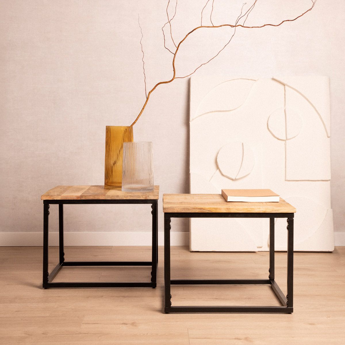 Kafijas galdiņu komplekts MAYA Solid Mango Wood + Metāls 110x60x45 cm/50x50x40cm - N1 Home